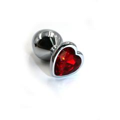 Анальная пробка из алюминия с красным кристаллом в форме сердца, цвет серебристый