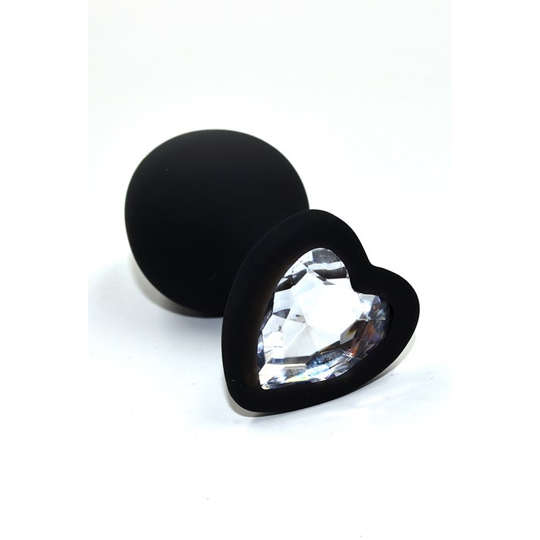 Черная анальная пробка из силикона с прозрачным кристаллом в форме сердца 
