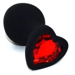 Черная анальная силиконовая пробка с красным кристаллом в форме сердца